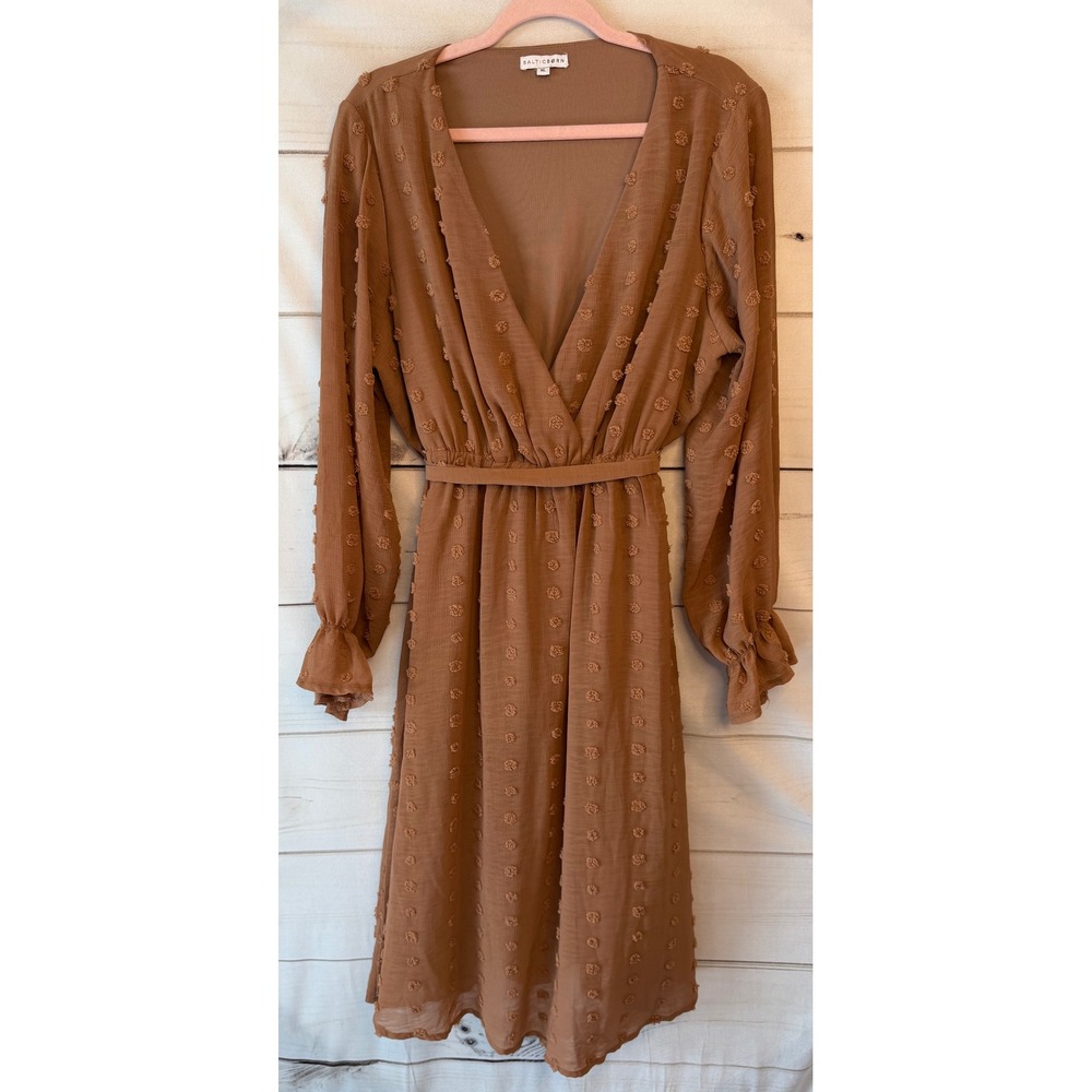 Baltic Born Rust Brown Swiss Dot Long Sleeve Wrap Midi Dress XL PSD2148-FL